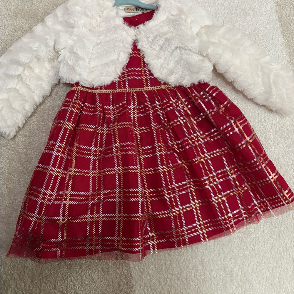 Red Plaid Dress with White Faux Fur Jacket
